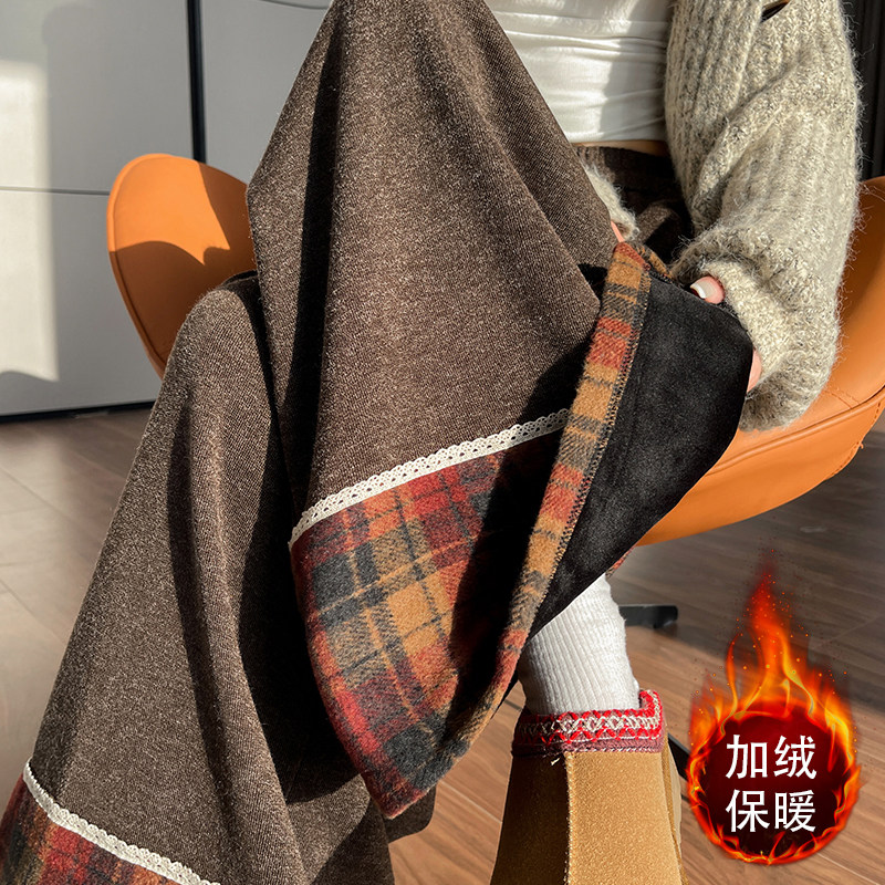 实拍2025冬季新款格子拼接加绒加厚毛呢阔腿裤女高腰直筒休闲长裤