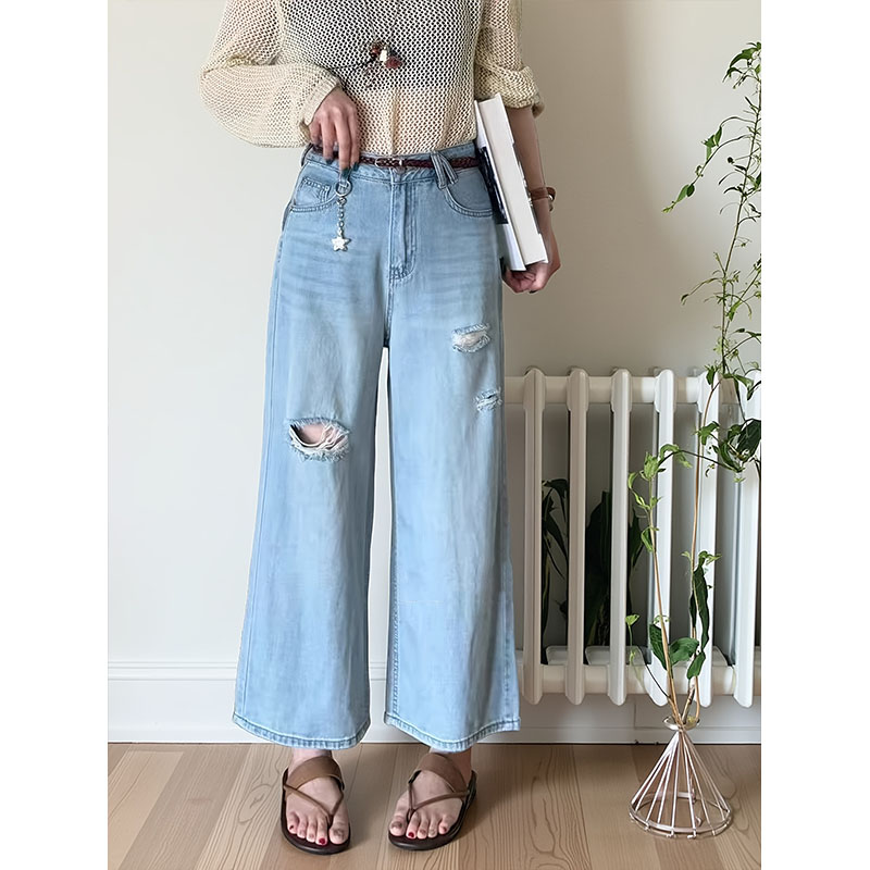 破洞阔腿牛仔裤女夏高腰薄款2025新款宽松显瘦九分小个子直筒裤潮