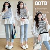 新款 娃娃衫 2026孕妇装 上衣拼接设计感开叉假两件衬衫 时尚 实拍秋装