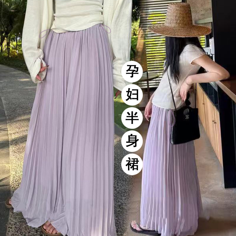 孕妇无托腹半身裙2026新款夏季外穿休闲显瘦中长款压褶飘飘裙女