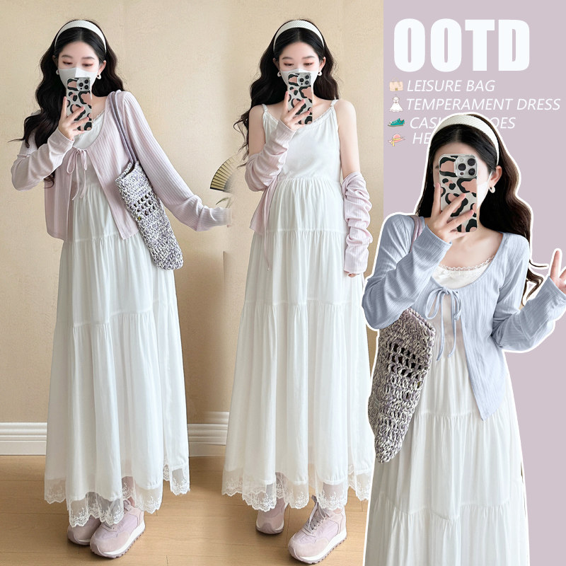 实拍 现 孕妇装2026春季韩系洋气白色吊带连衣裙子辣妈套装潮