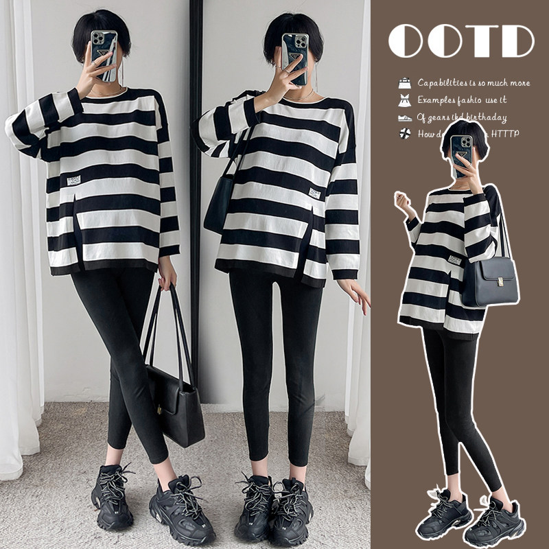 实拍孕妇春装套装2026新款时尚宽松条纹开叉针织上衣春秋打底衫