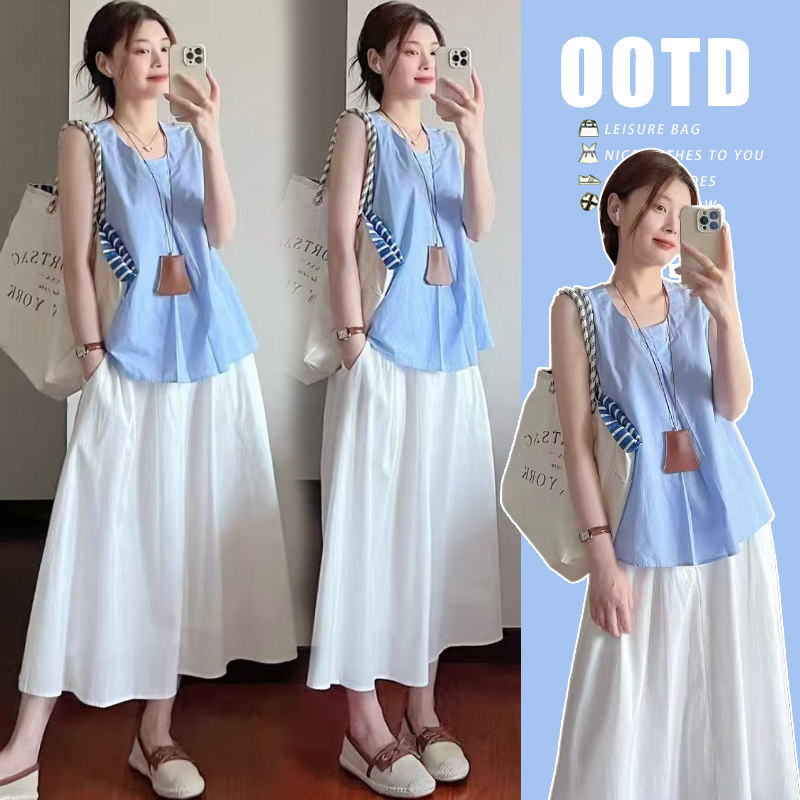 现孕妇韩系温柔风套装女夏季甜美蓝色无袖背心上衣半身裙两件套