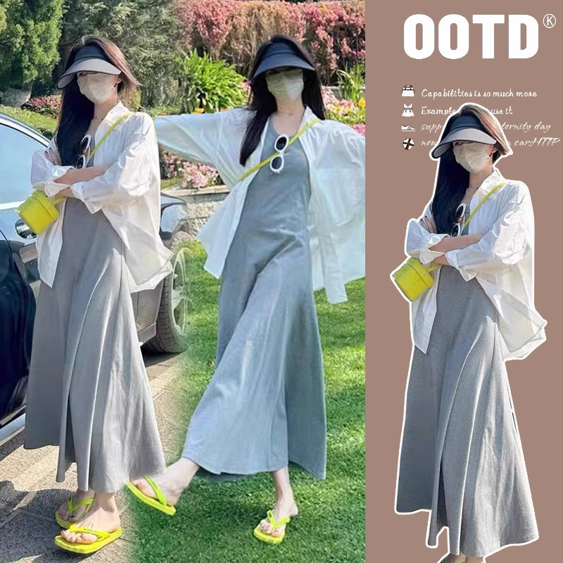 有货 春夏新款中长款孕妇连衣裙宽松防晒衬衫孕妇两件套装夏季