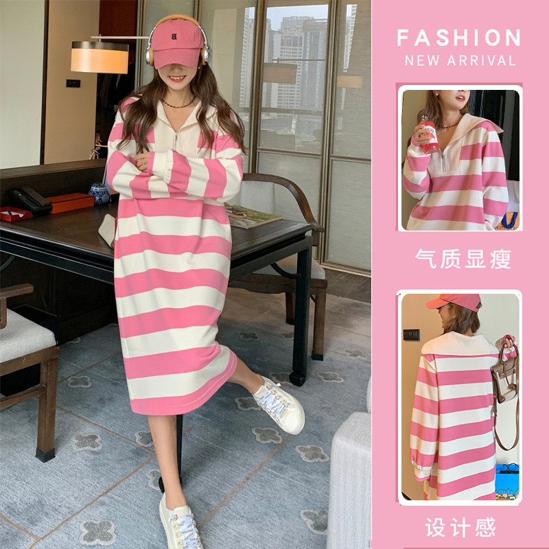 图片已处理 大量 2026 孕妇秋季中长款连衣裙大码海军领条纹卫衣