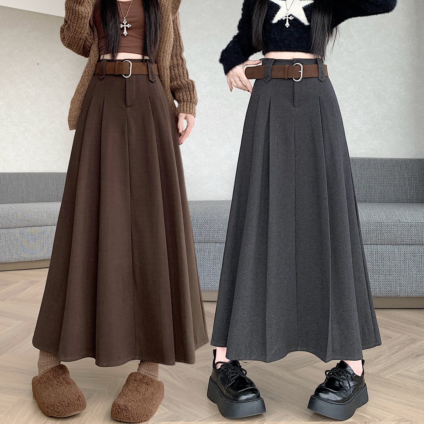 实拍 2025秋冬韩版遮胯显瘦大腰带中长加厚毛呢a字半身百褶裙伞裙