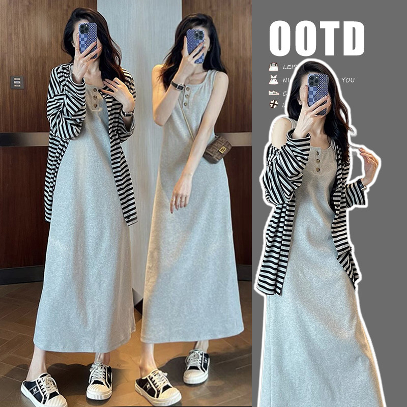 新品孕妇早春套装2026新款小清新无袖背心裙+条纹开衫春夏两件套