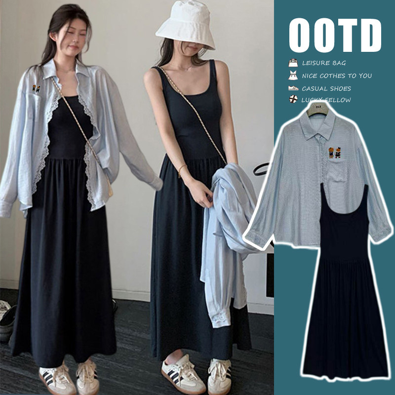 现春夏新品松弛感懒人穿搭花边卡通长袖衬衫+蓝色背心裙两件套