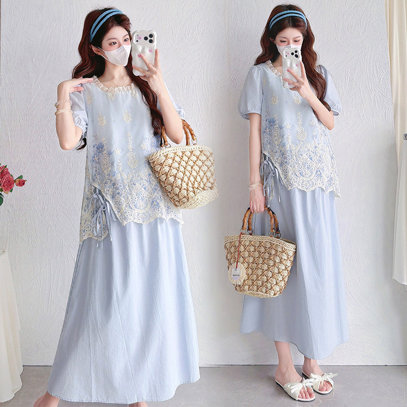 实拍夏季孕妇短袖上衣+裙子两件套装新款宽松大码女装