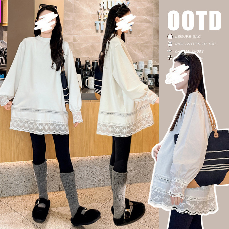 现 2026春季薄款孕妇装宽松大码蕾丝雅纱棉上衣长袖时尚孕妇打底