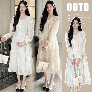 实拍 春夏款孕妇装绣花工艺宽松孕妇连衣裙长袖甜美连衣裙