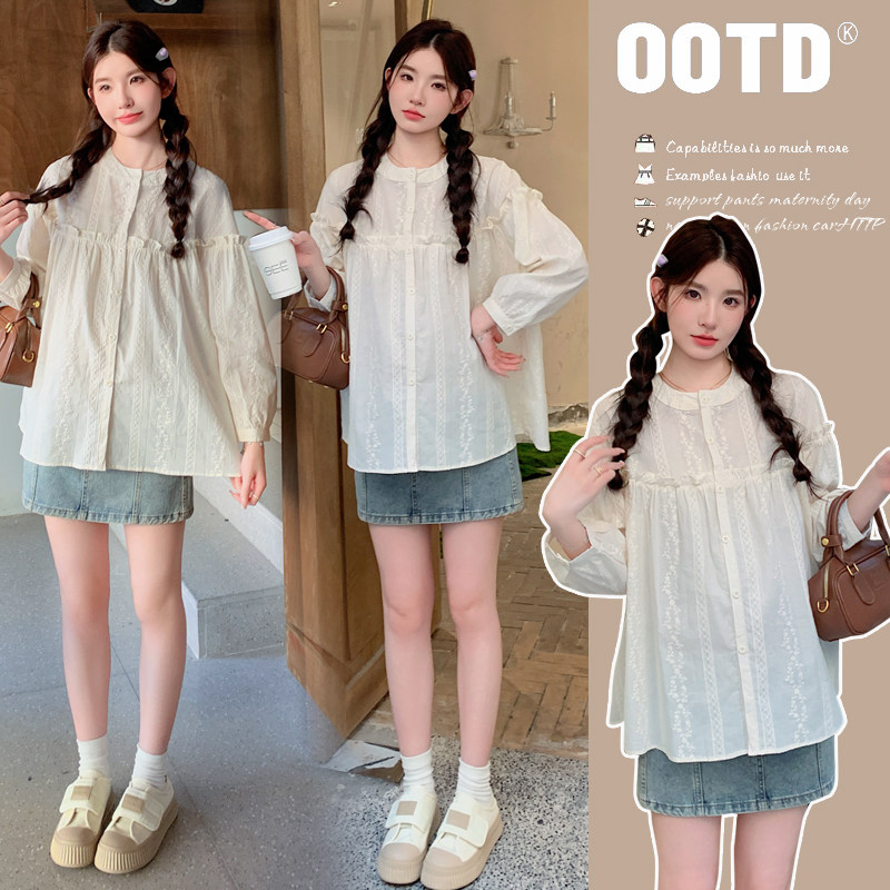 实拍新款2026高品质孕妇春装甜美圆领宽松长袖娃娃衫绣花减龄上衣