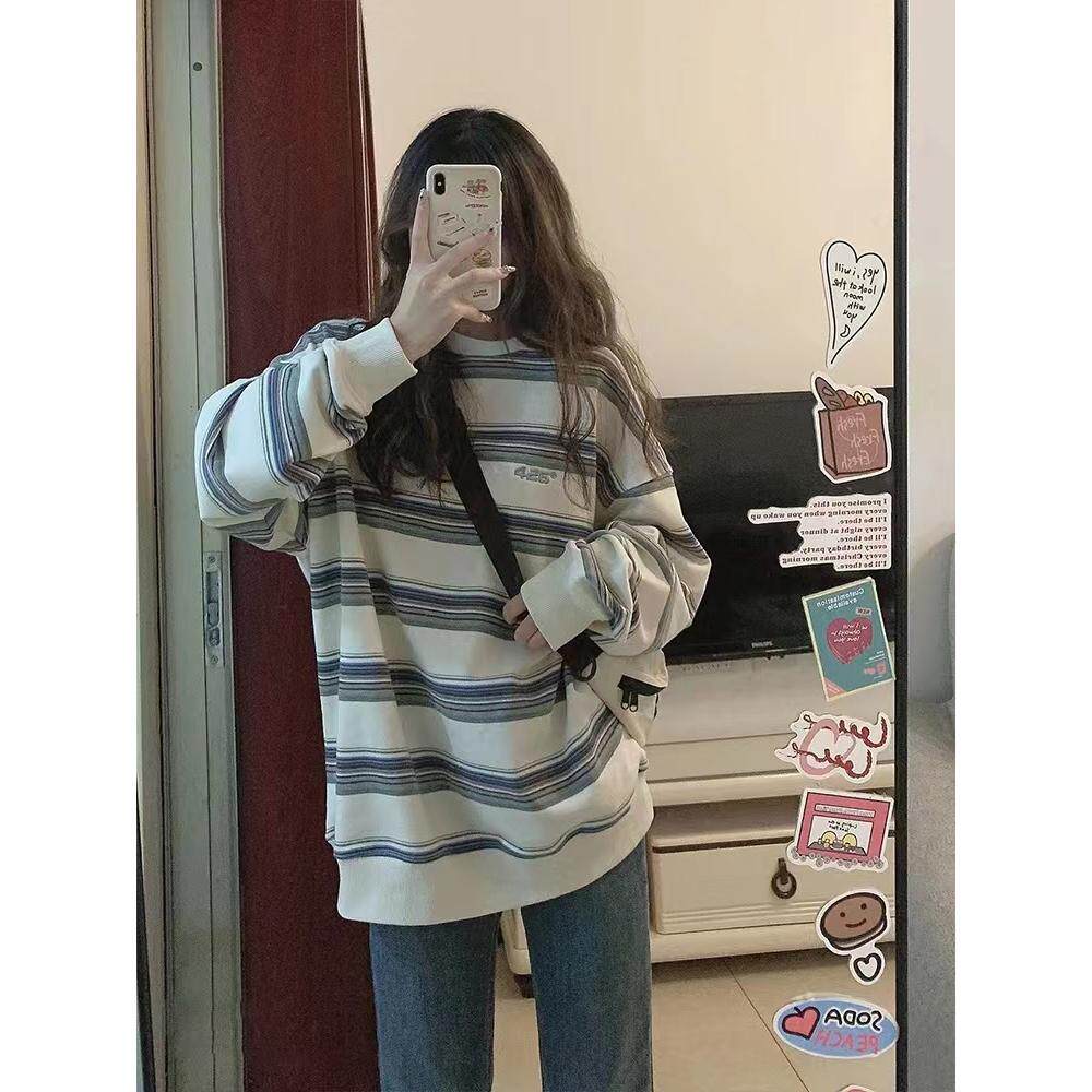 图片已处理 韩版孕妇条纹卫衣宽松型套头落肩袖春秋上衣