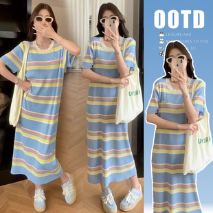 实拍孕妇连衣裙夏装2026新款法式高级感条纹圆领短袖冰丝休闲裙