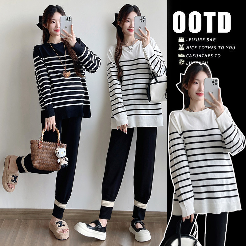 实拍孕妇春装套装2026新款春季条纹上衣针织打底衫+老爹裤两件套