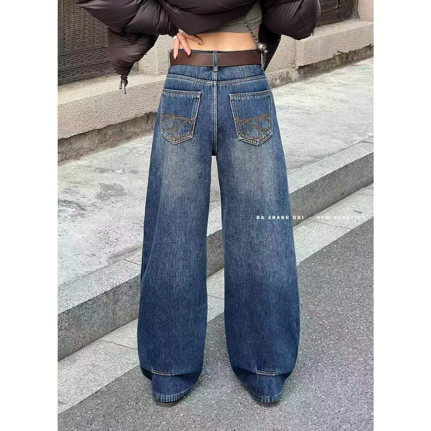 JEANS欧货正版冬季加厚绒弯刀裤女高腰宽松显瘦百搭牛仔长裤女