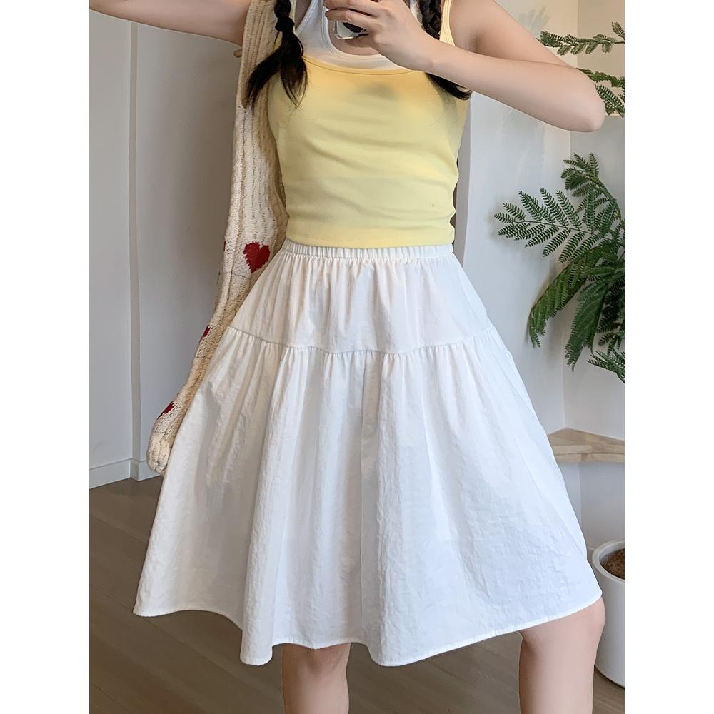 实拍学院风百搭半身裙女夏季复古中长款高腰防走光a字伞裙分裙子