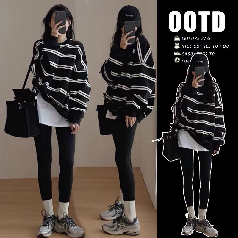 新品孕妇春装套装2026新款韩版宽松条纹休闲针织上衣春秋两件套