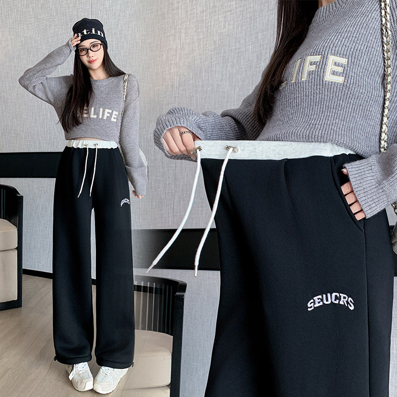 孕妇秋冬季灰色休闲裤女春秋高腰阔腿垂感直筒宽松美式束脚卫裤