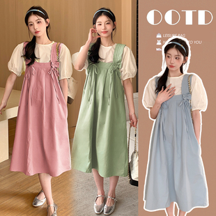 实拍现现 小个子孕妇装夏季孕妇背带裙套装韩版孕妇两件套