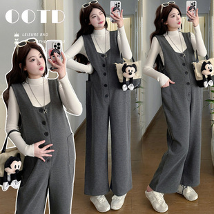 实拍 孕妇装春秋款时尚高级感灰色背带裤两件套