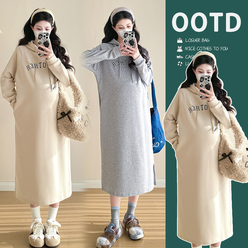 实拍2025孕妇时尚大码宽松型卫衣中长款连衣裙秋季宽松卫衣裙