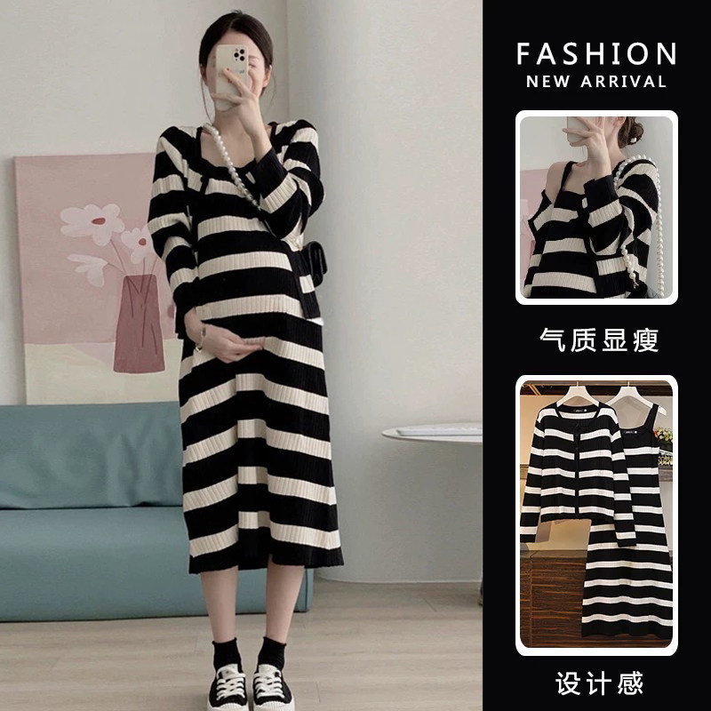 新品孕妇春装套装2026年新款时尚减龄针织吊带裙+条纹开衫两件套