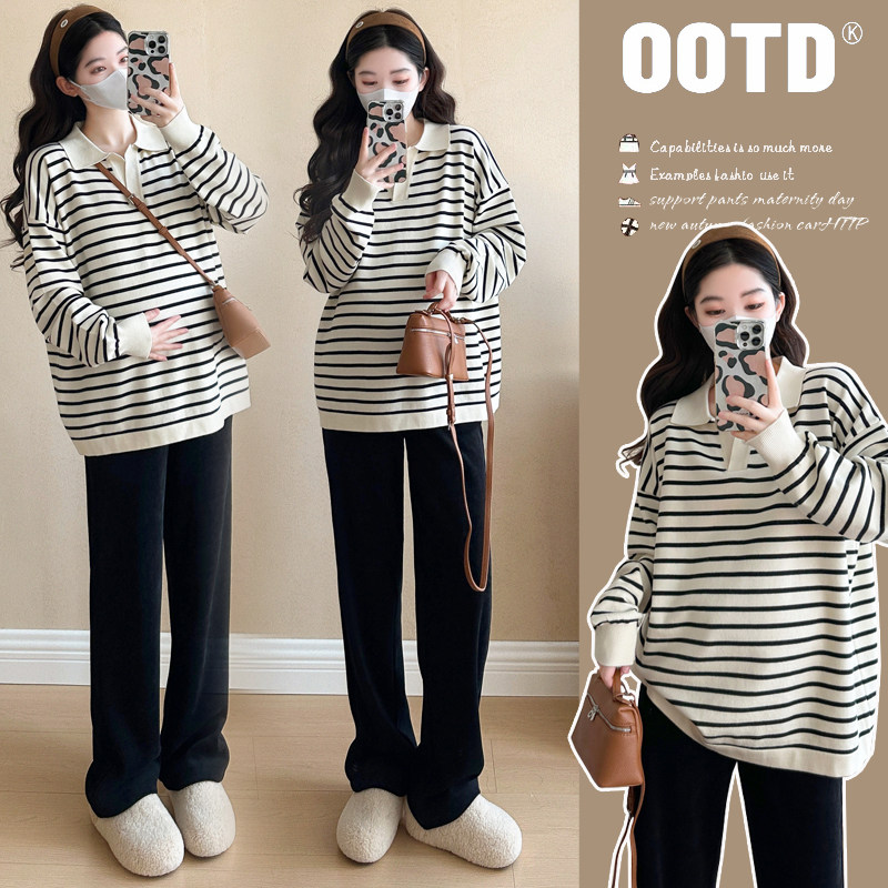 实拍孕妇装2026春季新品茶系穿搭高级感条宽松大码孕妇针织上衣