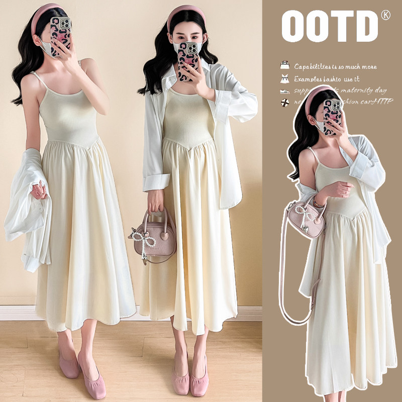 实拍 春装新款白色衬衫中长款孕妇连衣裙休闲孕妇两件套装