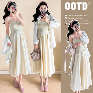 实拍 春装新款白色衬衫中长款孕妇连衣裙休闲孕妇两件套装