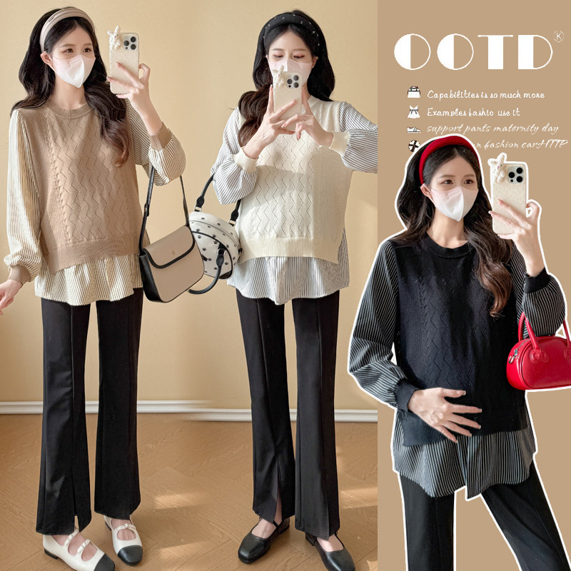 实拍新款2026孕妇春装假两件甜美显瘦宽松长袖减龄上衣百搭两件套
