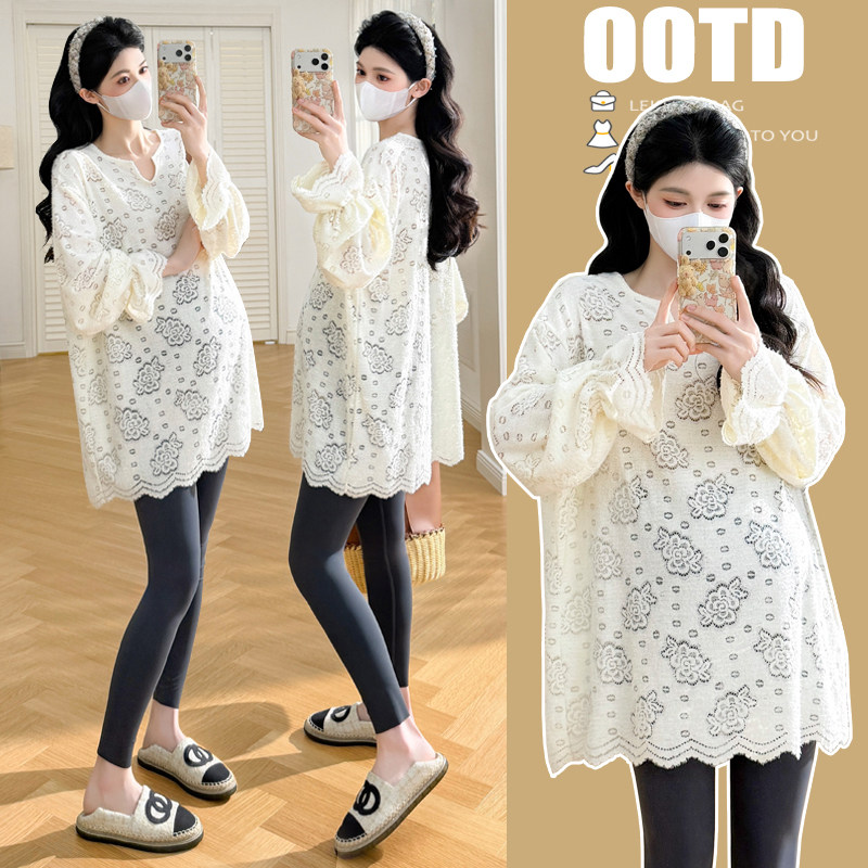 实拍2026春装品质新款孕妇装宽松时尚潮妈休闲大码镂空T恤打底衫