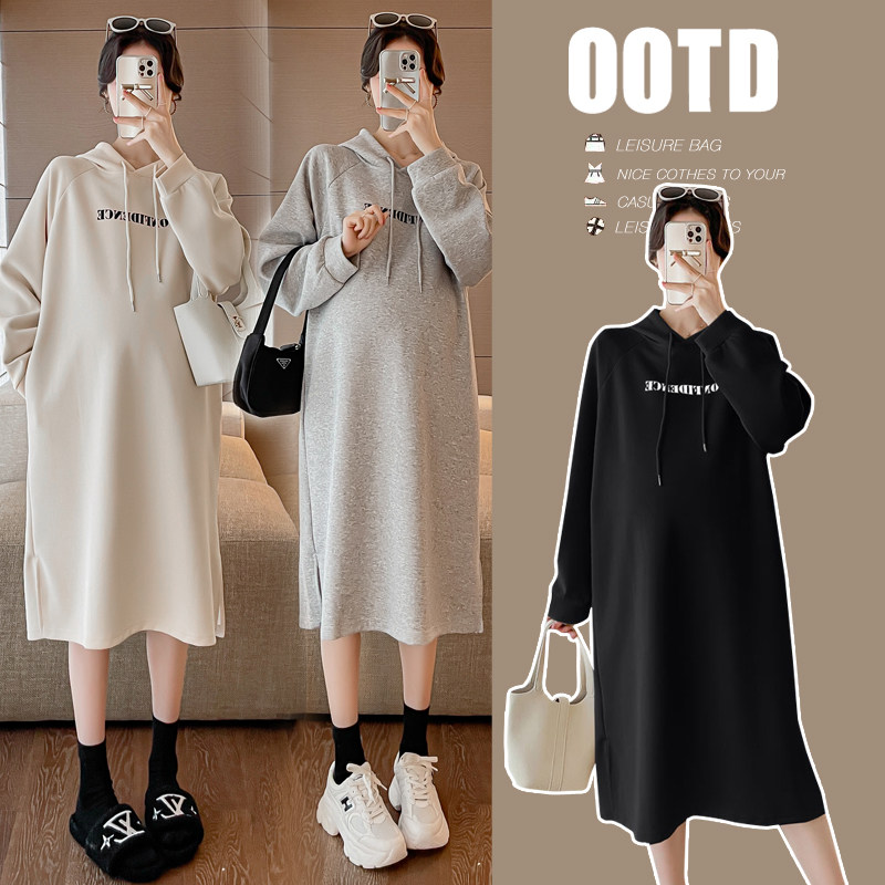 实拍优质款新款孕妇春装时尚长款卫衣宽松显瘦休闲连帽连衣裙