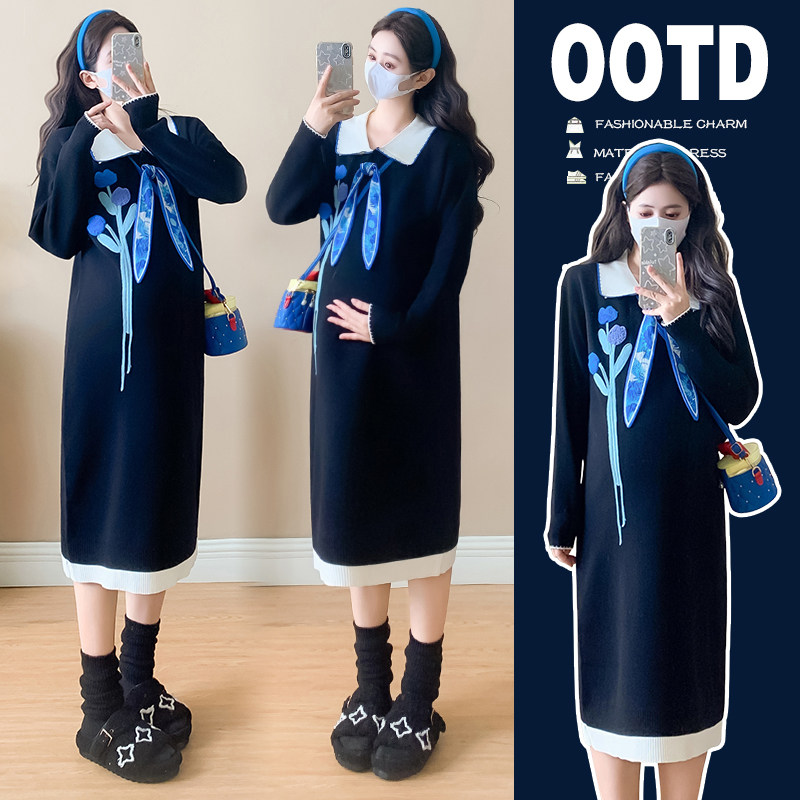 实拍孕妇针织连衣裙新款春秋季立体花撞色高级感宽松长裙春装