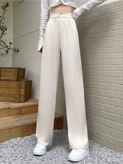 白色窄版裤子女春秋拖地高级垂感阔腿裤小个子宽松直筒西装裤夏潮