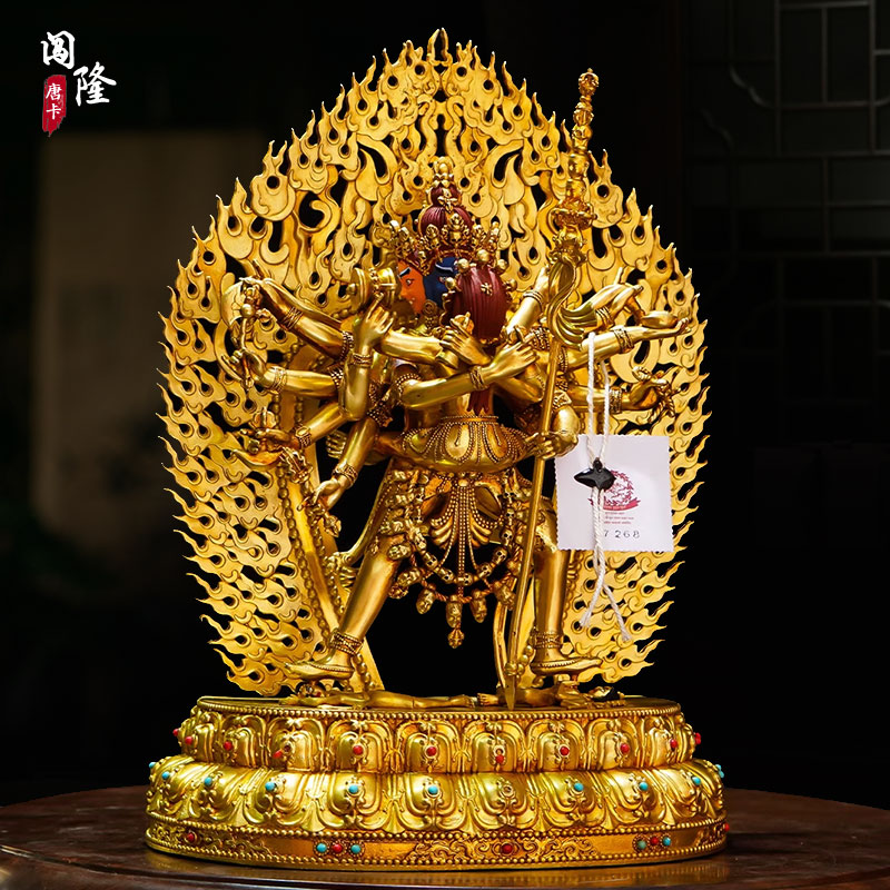 闯隆铜鎏金雕花《胜乐金刚》像家用镶嵌铜像摆件手工精工铜铸摆件