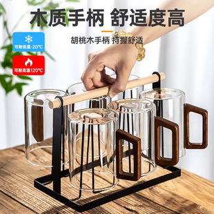 中式水杯办公室待客泡茶杯耐高温木柄玻璃杯套装家用喝水杯大容量