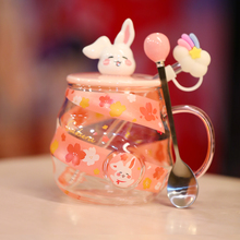 小兔早餐马克杯耐高温吸管杯花茶杯高硼硅玻璃杯大容量带盖勺子