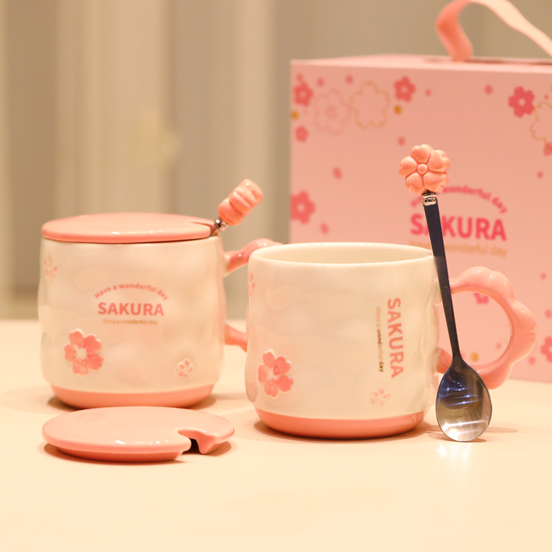 浮雕樱花陶瓷水杯女生可爱杯子