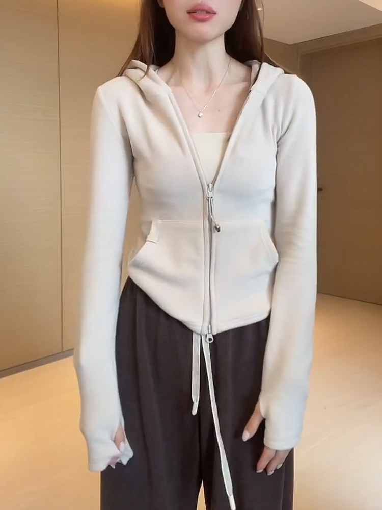 德绒双拉炼连帽卫衣女秋冬外套开衫2025新款韩版修身显瘦短款上衣