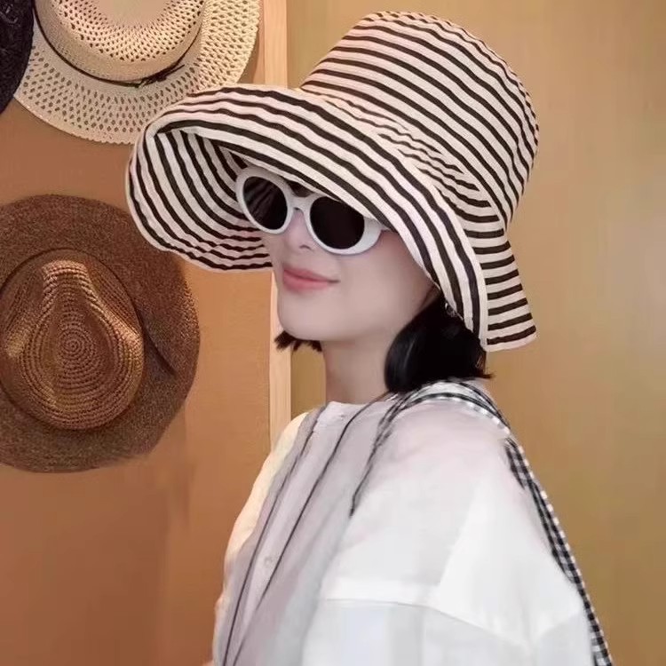 日系可折叠夏季条纹渔夫帽女新款长防晒帽子时尚盆帽大头围太阳帽