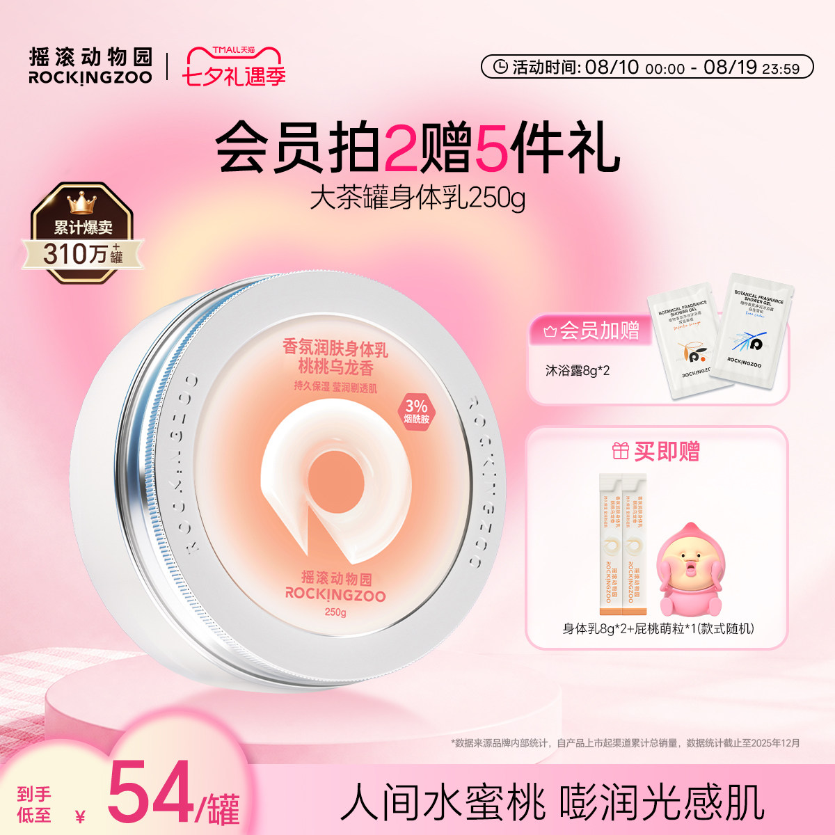 摇滚动物园身体乳保湿滋润蜜桃清爽补水持久留香烟酰胺润肤不粘腻