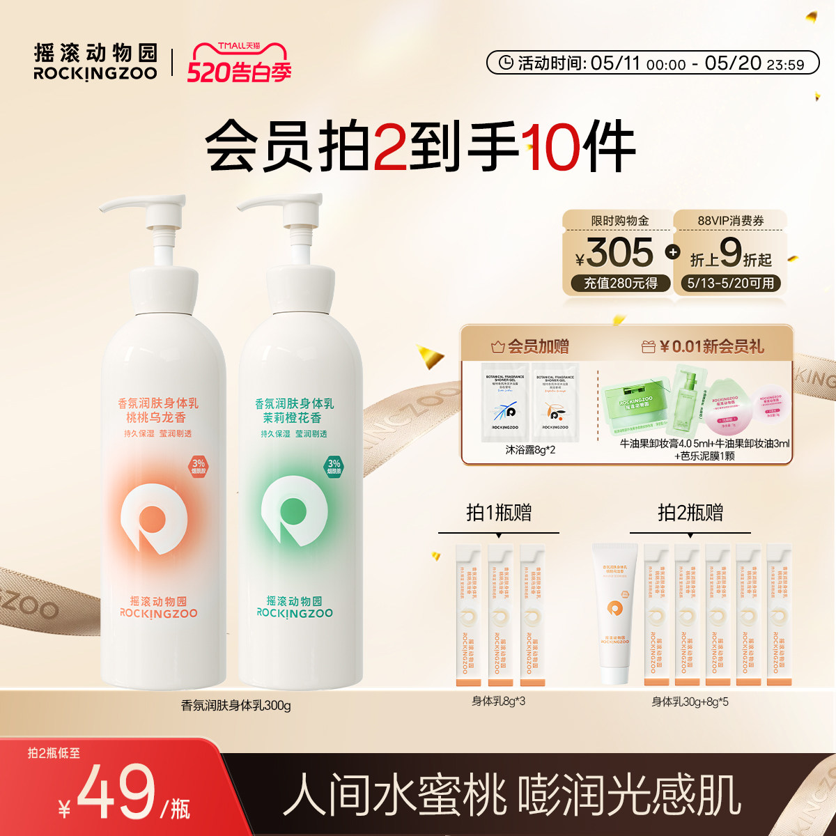 摇滚动物园桃桃乌龙身体乳润肤烟酰胺保湿滋润补水留香清爽不粘腻