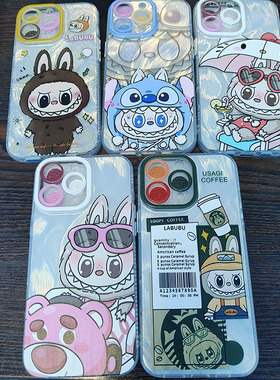 新款夏日度假泡泡玛特手机壳拉布布16promax羽纱手机壳彩绘15pro情侣款草莓熊苹果14plus全包防摔13pro手机壳
