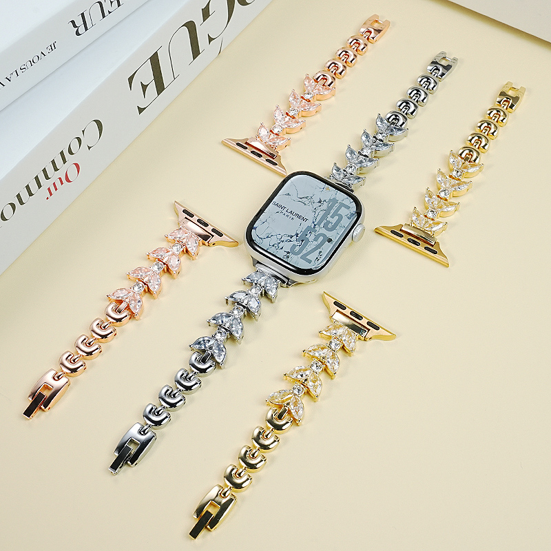 轻奢带钻不锈钢表链适配applewatch苹果智能s10978代65SE手表带