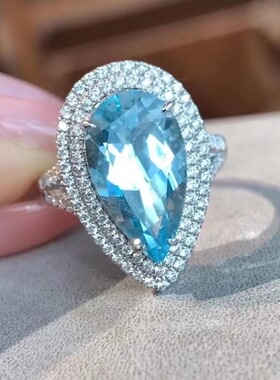 18k白金天然海蓝宝石钻石戒指IGI证书6.2卡