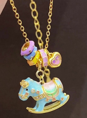 马上有钱925银珐琅蓝色木马项链女锁骨链女轻奢高级感25年链子