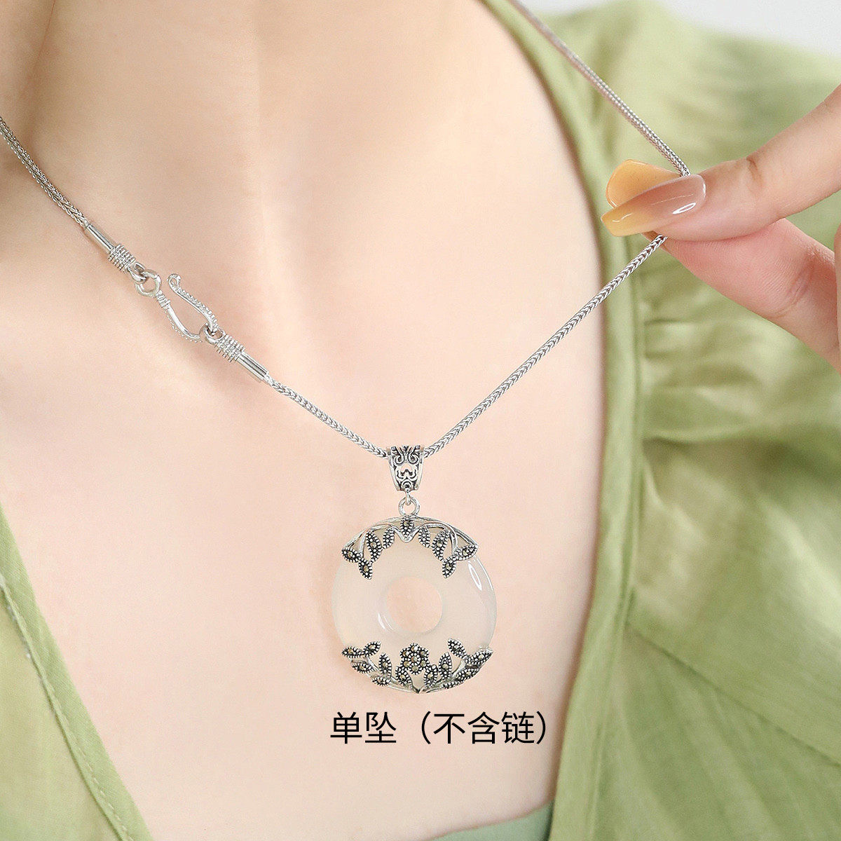 925银叶子花朵玉髓平安扣吊坠女时尚百搭精致民族风项坠饰品