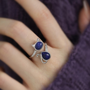 925银青金石猫咪开口戒指女小巧可爱可调节指环百搭民族风饰品