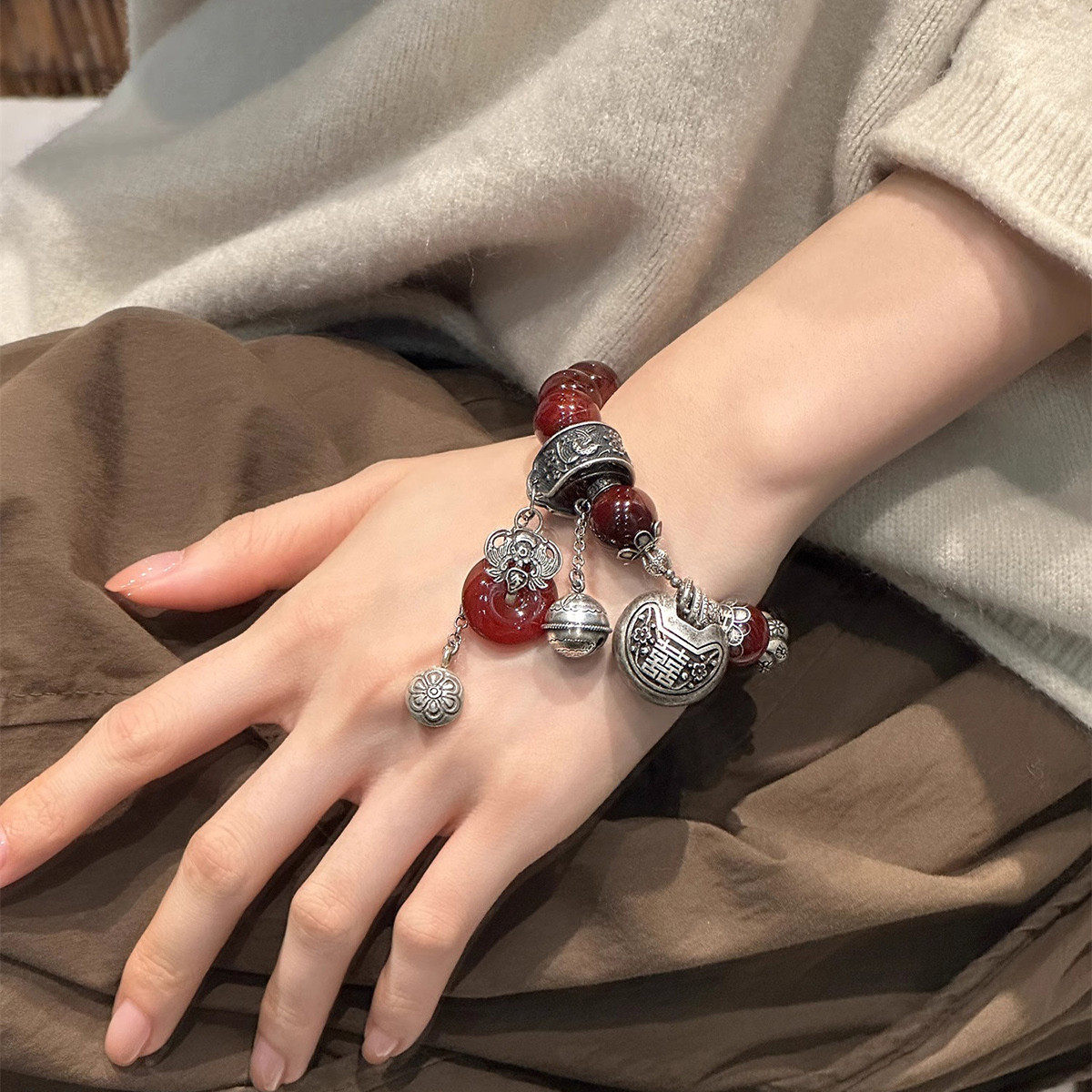 足银玛瑙珠珠平安扣手链25年复古国风新中式小众时尚手环饰品礼物,饰品/流行首饰/时尚饰品新,手链,淘宝优惠券,粉丝福利购,淘宝优惠卷